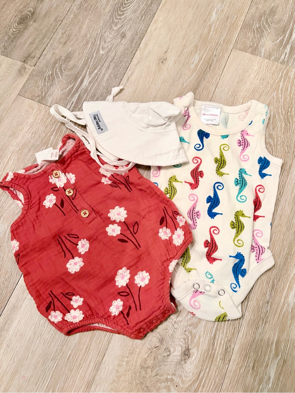 Flap Happy infant hat, 2 Onesie Set